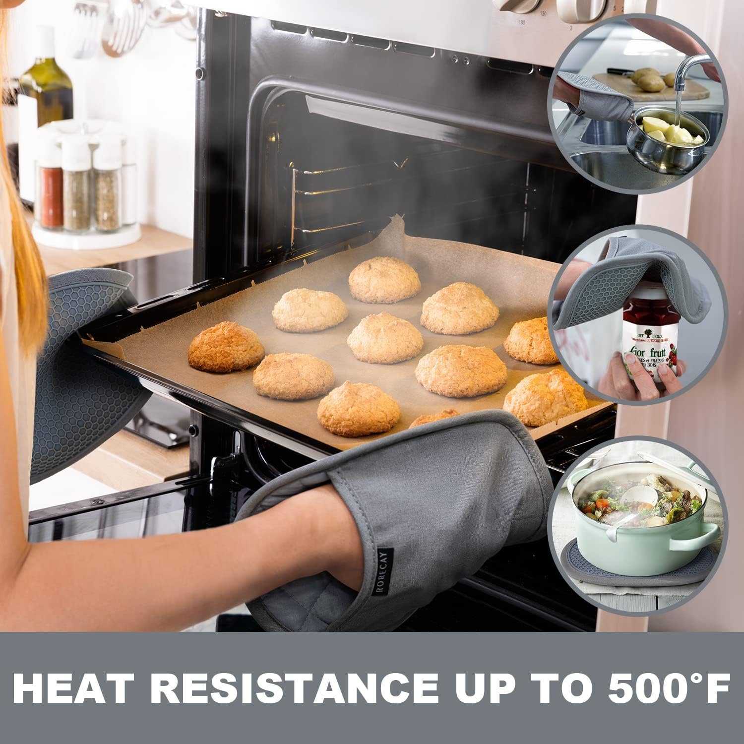 Cotton and Silicone Oven Mitt with Pot Holder - product detail